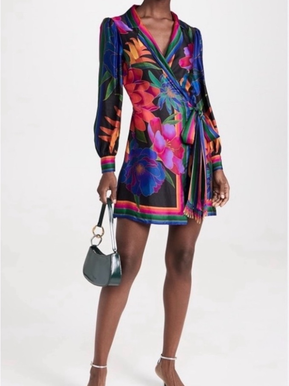 FARM Rio Black Wrap Mini Dress with Bright Floral Print